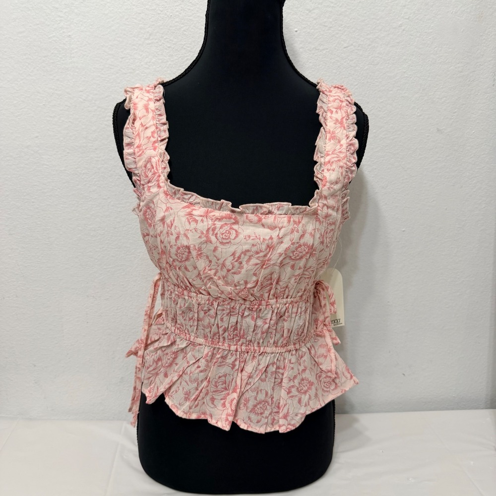 Trixxi Los Angeles Pink Floral Peplum Top Smocked Waist Side Ties Small NEW